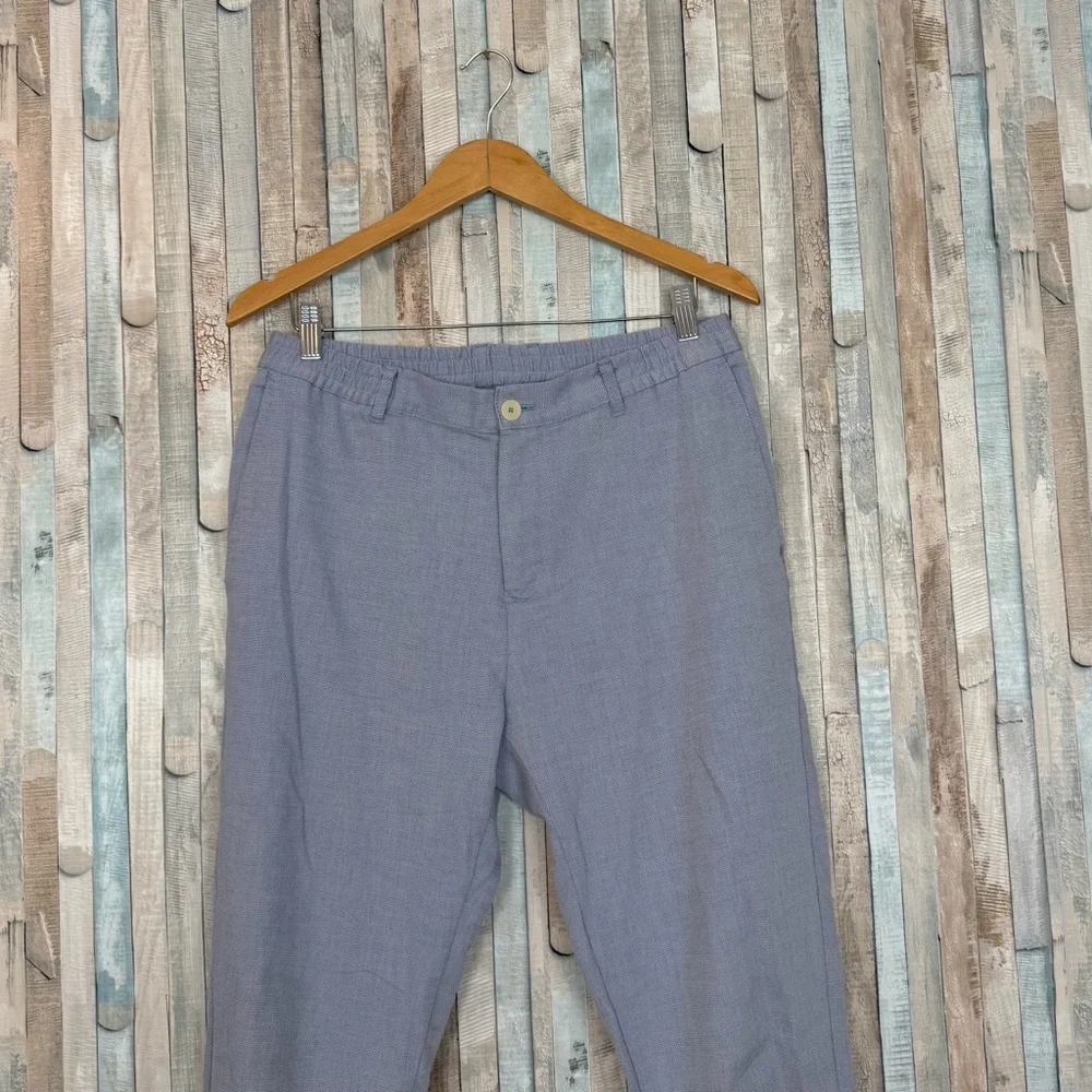 Zara L Pull On Waist Trouser Pant High Rise Relaxed Minimalist Blue Linen Spring